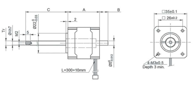 Dimensional drawing of NEMA 11 linear screw stepper motor